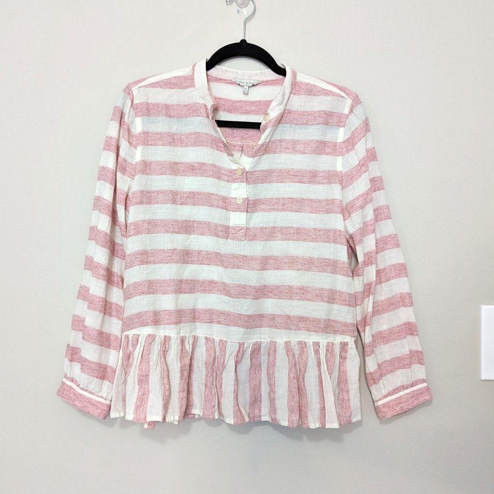 Lucky Brand Red White Striped Split Neck Ruffle Peplum Long Sleeve Blouse